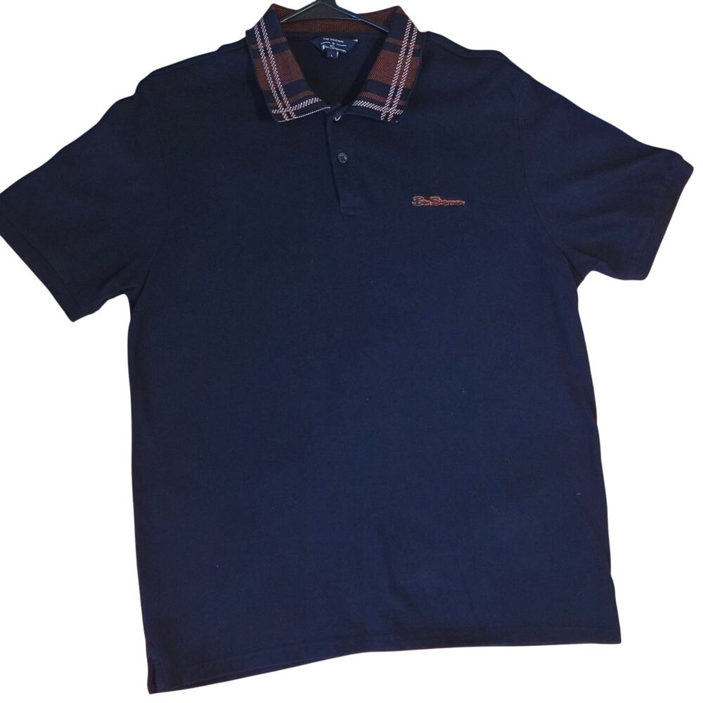 Ben Sherman Pique Polo Shirt Navy Blue with Tartan Plaid Design Collar sz L - Picture 4 of 11